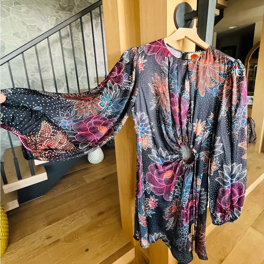 FARM Rio Black Mini Dress with Pink, Purple & Blue Floral Print